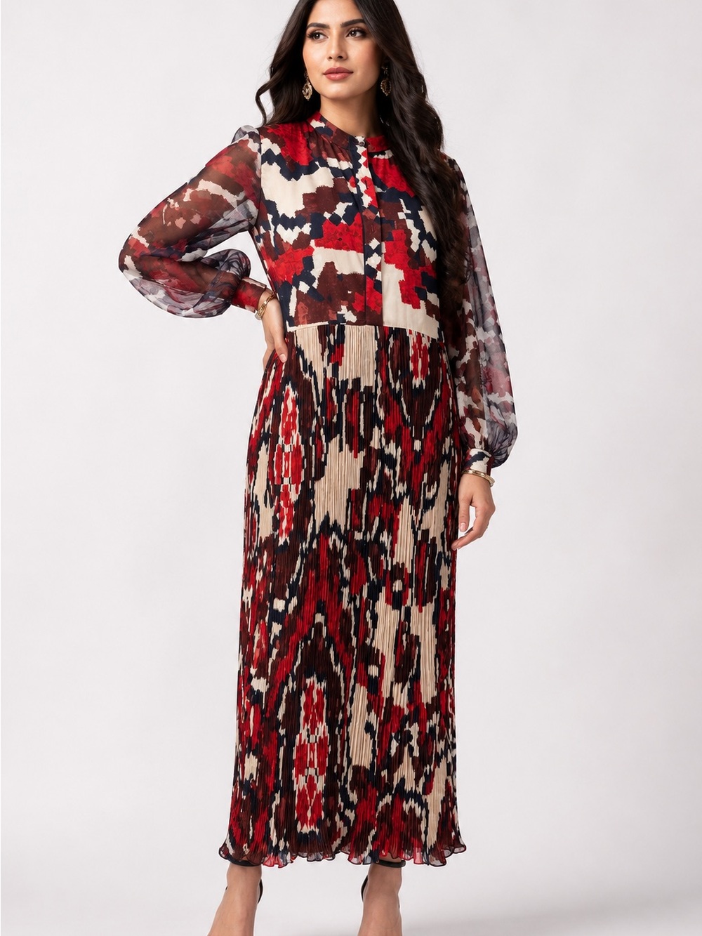 Abstract Print Pleated Maxi Dress in Red and Cream
